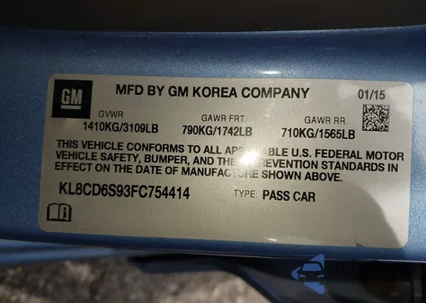 2015 Chevrolet Spark 1Lt Cvt из США, поврежденный, VIN KL8CD6S93FC754414